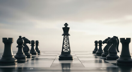 A chessboard where an oil derrick is the king piece a powerful metaphor for the high stakes geopolitical strategy and power plays of the global energy market