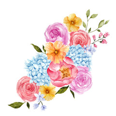 Hand draw watercolor romantic flowers, colorful bloom, elegant floral bouquets, wedding invitation, isolated on white background