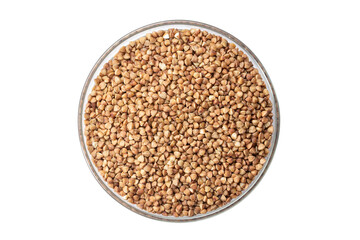 Bowl of roasted buckwheat isolated on white background. An ancient gluten-free grain for a healthy diet. File contains clipping path.