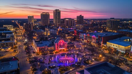 Vibrant Cityscape at Sunset with Colorful Lights and Skyline Views