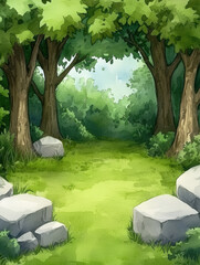 serene forest scene with lush greenery, tall trees, and soft light filtering through leaves creates peaceful atmosphere