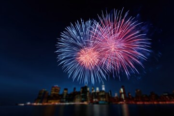 Fireworks exploding over city skyline at night