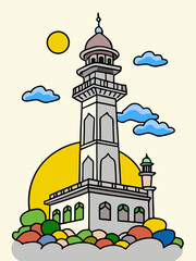 Fototapeta premium Cartoon Illustration of a Mosque Minaret with Sun Clouds and Colorful Rocks on a Cloudy Base