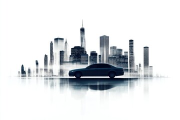 Ultra Hd Visual of City Skyline Driving Isolated on White Background, Depth of Field