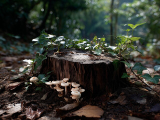 Decomposing Tree Stump Surrounded by Vines and Mushrooms in Forest