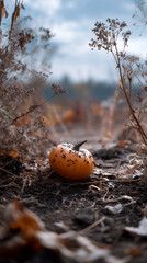 Decomposing Pumpkin in Autumn Field Surrounded by Withered Plants