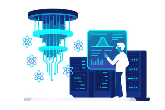 Modern technology showcased in a digital lab with a person interacting with quantum computing graphics and data analysis