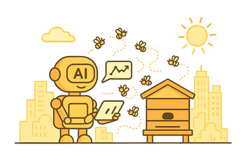 Robot monitors bee activity in a vibrant urban garden on a sunny day