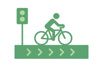 Green bicycle lane sign indicating safe cycling path at a traffic signal during daytime
