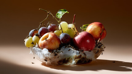 Rotten Fruit Basket Overtaken by Mold and Insects