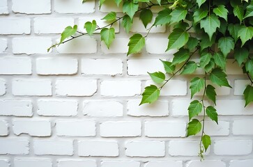 White Brick Wall with Green Ivy Leaves Background ai generated
