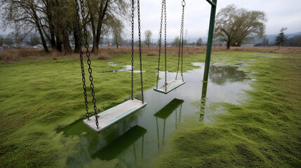 Moss-Covered Playground in Swamp with Rusted Swings