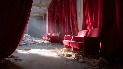 Abandoned Decaying Theater with Moldy Velvet Seats and Torn Curtains