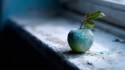 Forgotten Moldy Apple on Dusty Windowsill in Dim Light