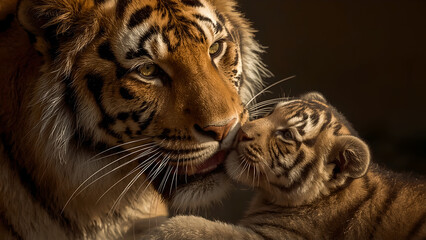 Obraz premium Tiger and Cub Tender Moment in Warm Light