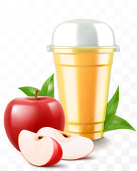 Clear plastic cup with red apple juice or smoothie. Cup with sphere dome cap for milkshake, lemonade. Fruity organic shake with ice cube. Fruit cocktail. Realistic 3d vector template