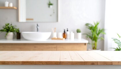 Wooden table with blurry bathroom background.