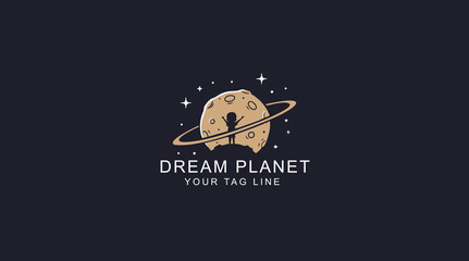 Obraz premium Dream Planet logo a child silhouette standing on a moon with rings and stars, symbolizing imagination and cosmic wonder.