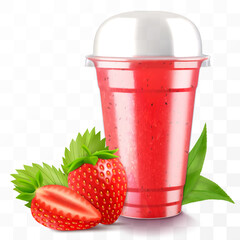 Clear plastic cup with strawberry juice or smoothie. Cup with sphere dome cap for milkshake, lemonade. Fruity organic shake. Fruit cocktail. Realistic 3d vector template