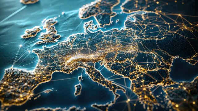 Continent of Europe with country lights lit up to represent population density and economic activity.