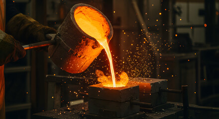 Molten gold glowing bright orange in a crucible, being poured by a gloved hand into a graphite ingot mold, with sparks flying and a dark industrial background.
