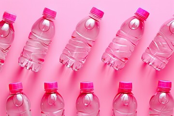 Vibrant Color Image of High Angle Plastic Bottles on Pink Background