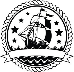 Nautical emblem featuring a vintage sailing ship in a rope circle