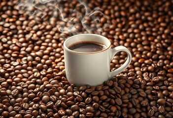 Fototapeta premium Symmetrical arrangement of coffee beans framing a steaming mug, coffee arrangement, coffee art