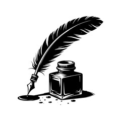 Black and white quill pen and inkwell illustration