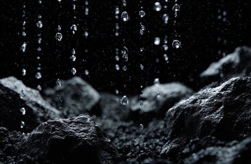 Dark, moody image of raindrops falling onto rough, dark gray rocks and coarse ground against a black background