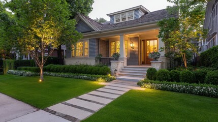 Obraz premium Charming single-story house at dusk with grey shingle siding, light brickwork, gabled roof, and dormer window. Warmly lit front, wooden door with glass panels, wall-mounted lantern, potted plants, 