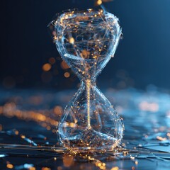 A crystalline hourglass, seemingly constructed of light and energy, sits on a dark, reflective surface amidst shimmering particles, evoking themes of time and ephemerality