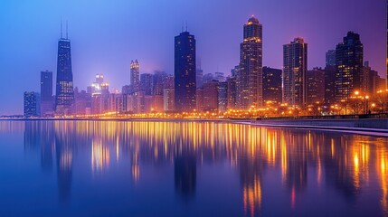 Fototapeta premium Stunning Night View of Chicago Skyline with Reflections in Lake