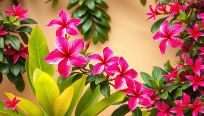 Obraz premium Vibrant pink tropical blossoms and lush green foliage against a soft beige backdrop, texture, beauty