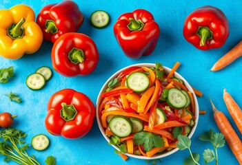 Vibrant fresh vegetable salad with colorful bell peppers, cucumbers, and carrots on a blue background,   bright,  food