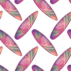 Vibrant seamless vector pattern featuring colorful surfboards in a playful summer beach style. Ideal for textile design, packaging, wallpapers, digital backgrounds, and summer-themed products. 