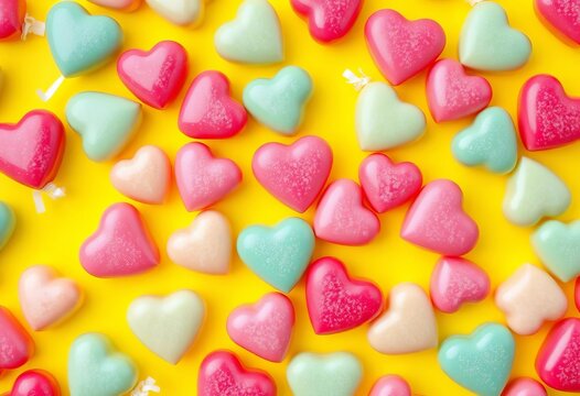 Sweet heart candies in repeating pattern on vibrant yellow background,  valentine,  background