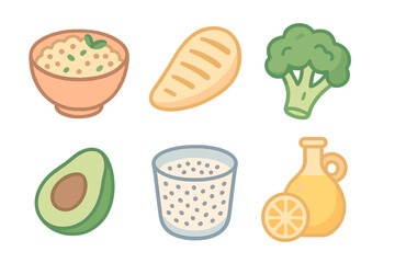 Healthy food ingredients including grains, vegetables, and oils for nutritious meals in a vibrant and colorful layout