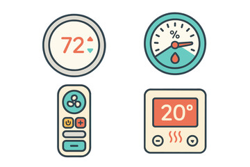 Digital thermostat and remote control display with temperature and humidity readings in a modern home setting