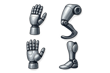 Various robotic prosthetic limbs displayed on a neutral background for demonstration purposes