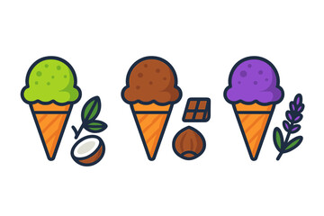 Colorful ice cream cones with various flavors and ingredients displayed against a light background