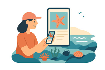 Exploring marine life with a smartphone app by the ocean at sunset