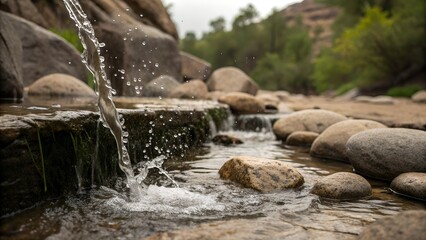 Fototapeta premium Natural background with water flows over rough stone surface.