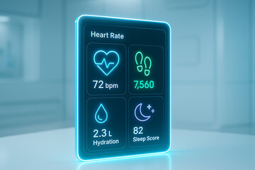 Futuristic health dashboard interface displaying heart rate, hydration, steps, and sleep score data on a digital screen with colorful icons for a wellness and fitness tracking application
