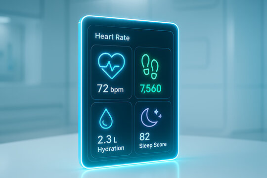 Futuristic health dashboard interface displaying heart rate, hydration, steps, and sleep score data on a digital screen with colorful icons for a wellness and fitness tracking application