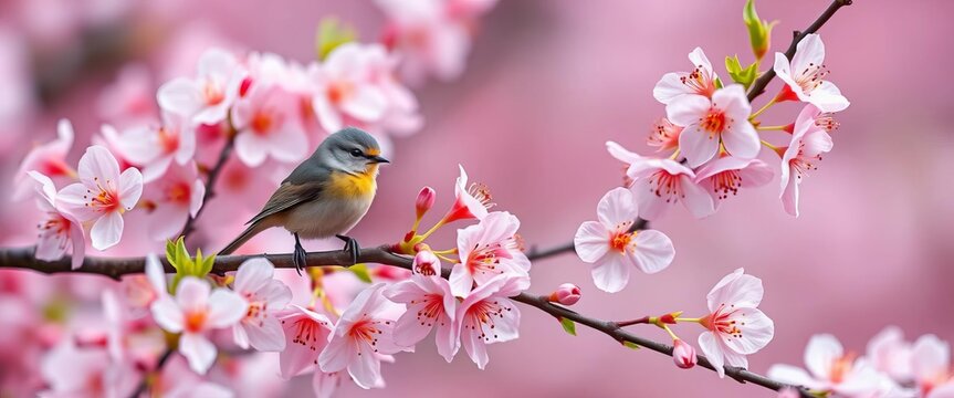 Tiny oriental white-eye perched on delicate Himalayan cherry blossoms, vibrant spring scene,  bright,  closeup
