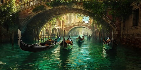 Venetian Gondolas Enchanting Canal Scene Lush Greenery Artistic Rendering