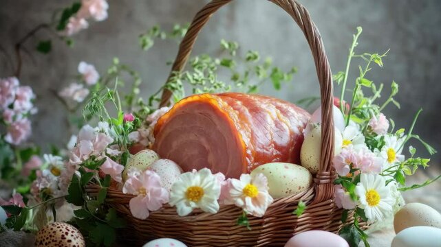Ham and eggs in a basket with flowers