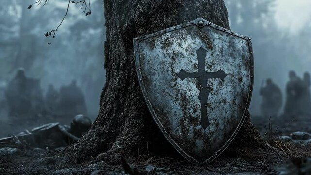 Medieval shield with cross leans against tree, battlefield in background
