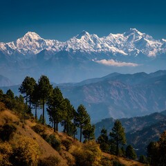 A stunning view of the Himalayas during autumn from Kausani, a hill station in Uttarakhand, India. .